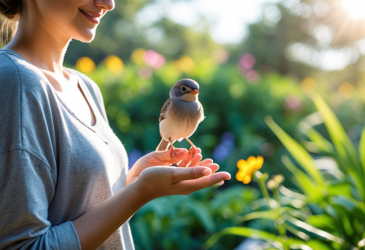A person gently holding a small bird on their finger in a sunlit garden.