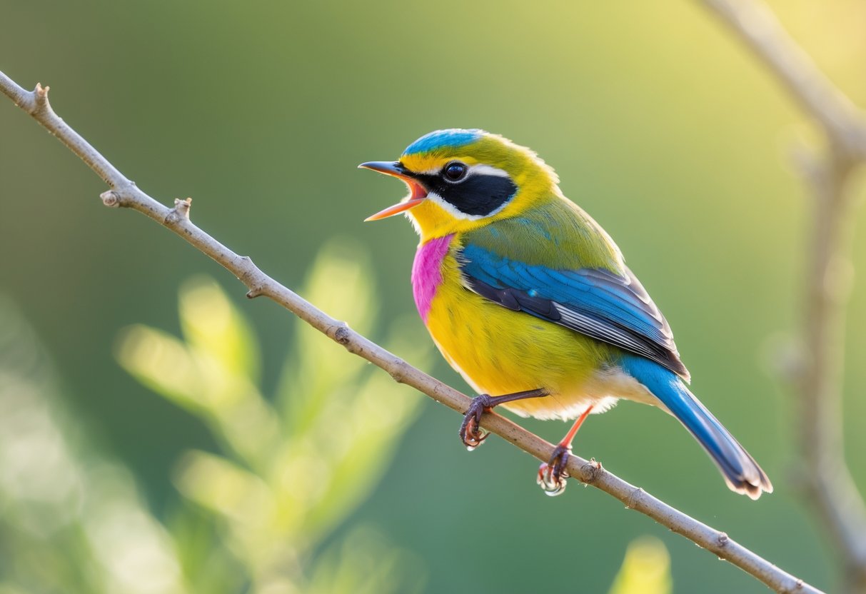 A small colorful bird perched on a branch with its beak open as if singing, surrounded by green foliage.