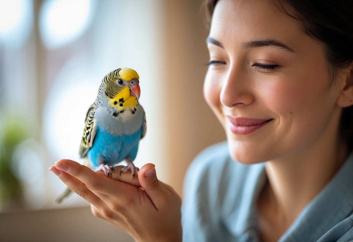 A person gently holding a colorful pet bird on their finger, looking at it affectionately indoors.