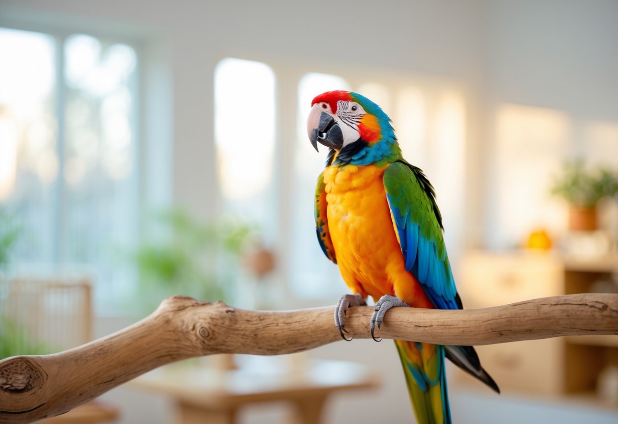 A colorful parrot perched on a wooden branch with its beak slightly open as if speaking, inside a bright indoor space.
