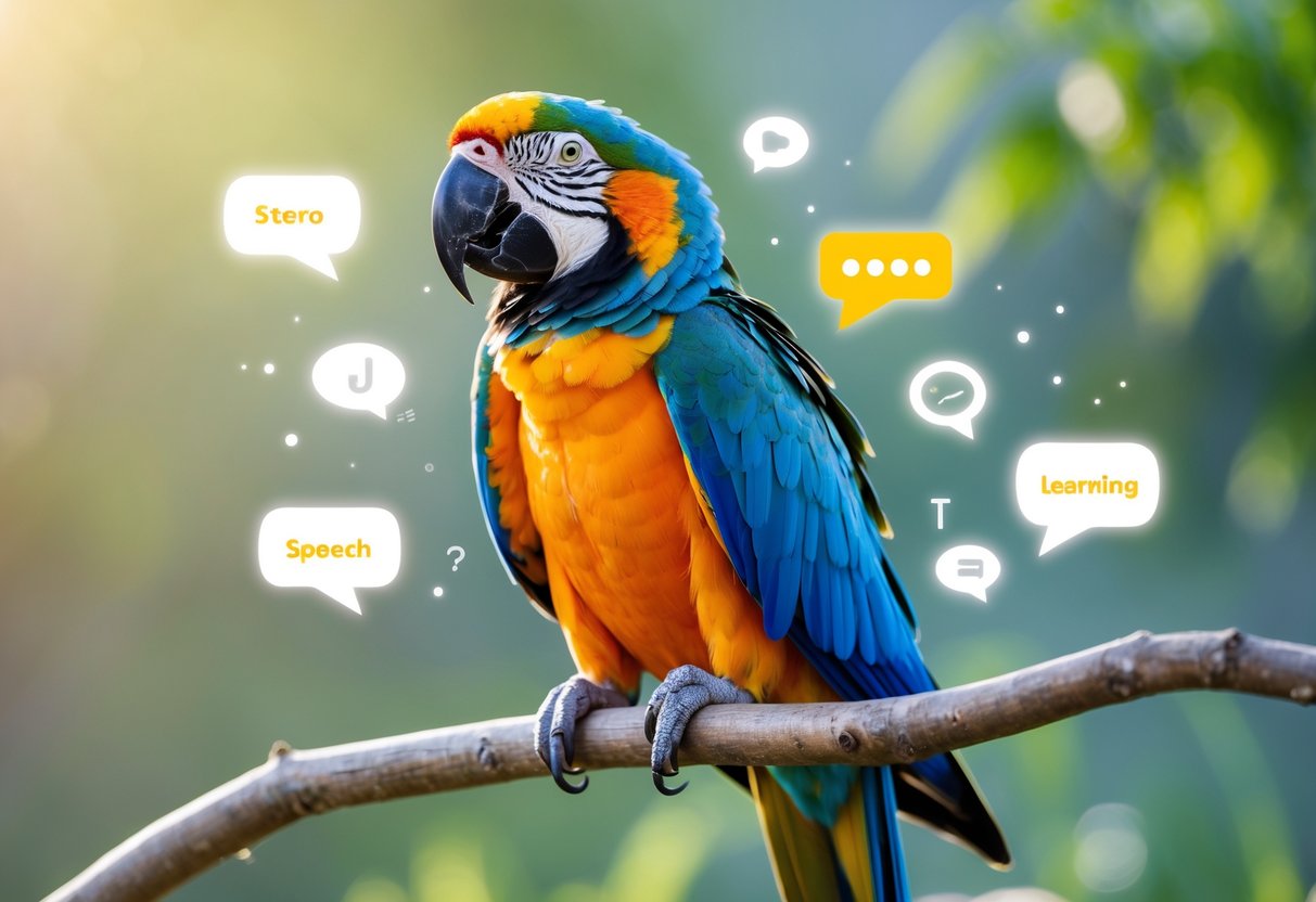 A colorful parrot perched on a branch with its beak open, surrounded by soft green foliage.