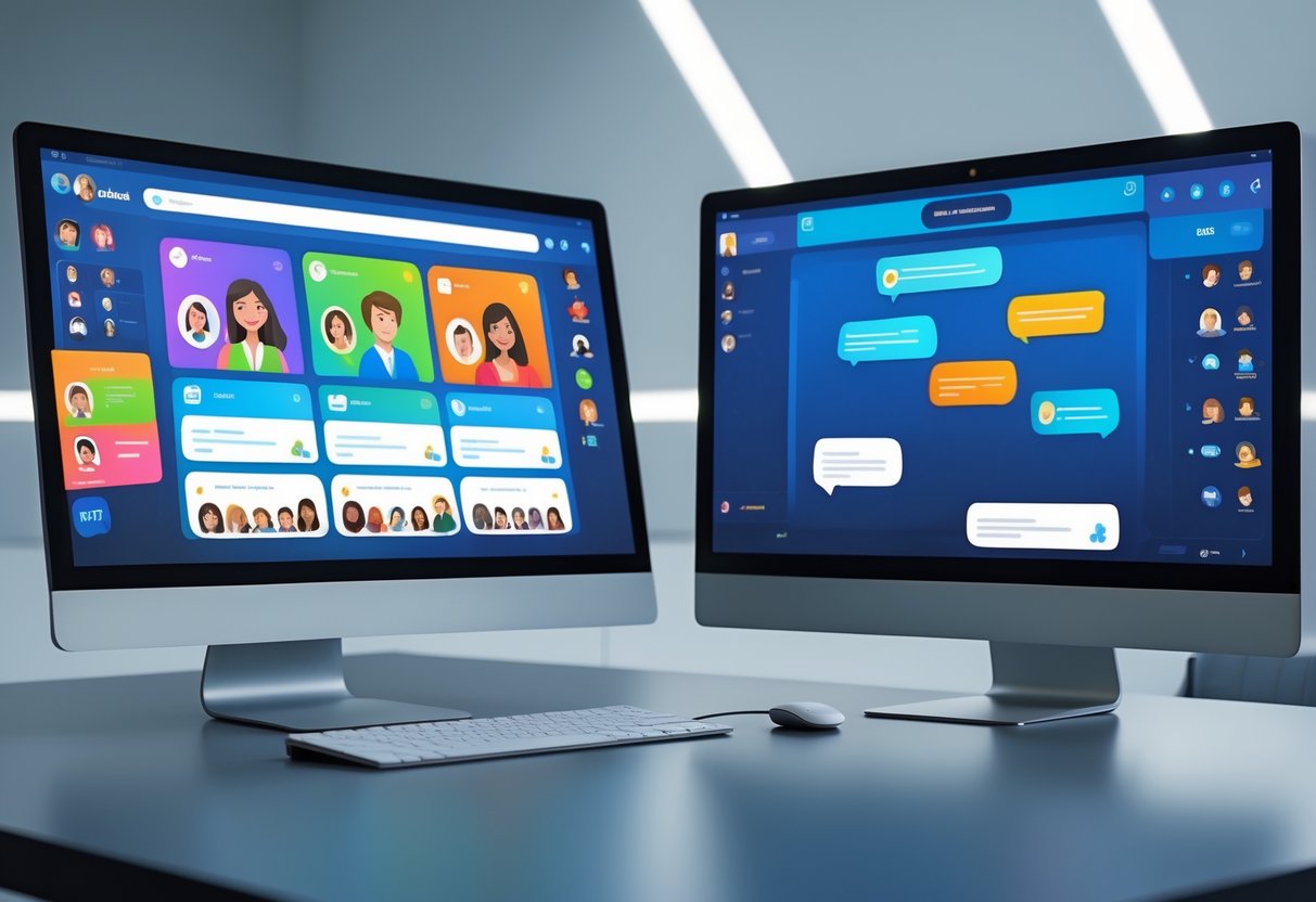 Two screens: one showing a busy public free sex chat room, the other a private one-on-one chat interface.