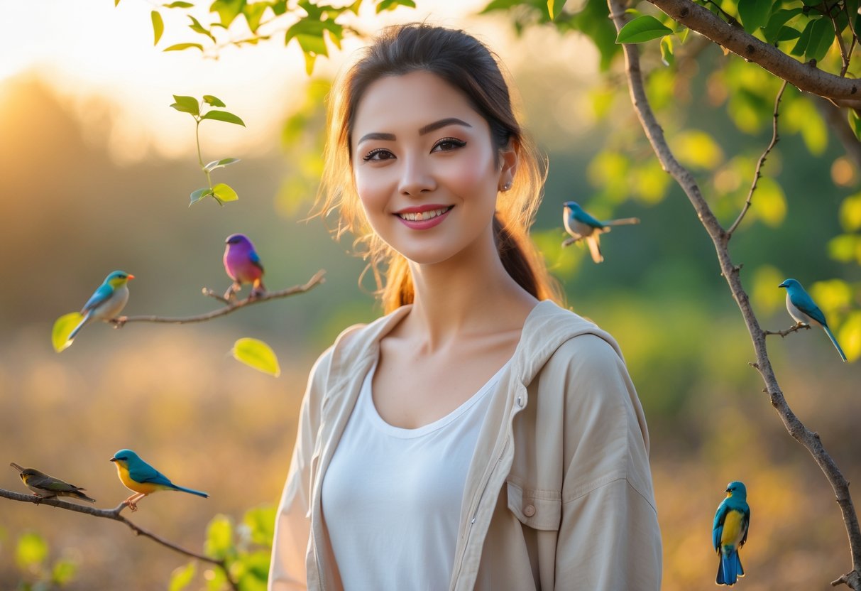 A young woman standing outdoors with small colorful birds perched nearby and flying around her.
