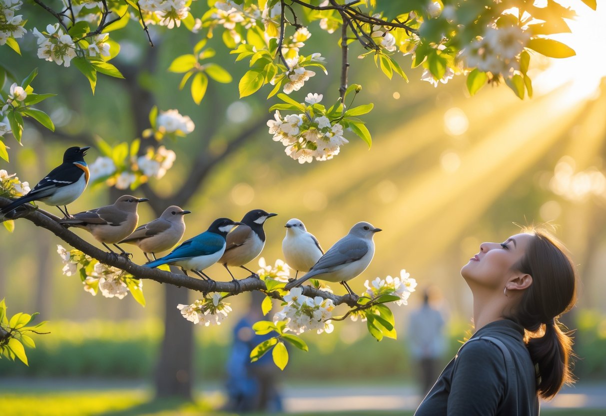 A person looking up at birds perched on blooming tree branches in a sunlit park.