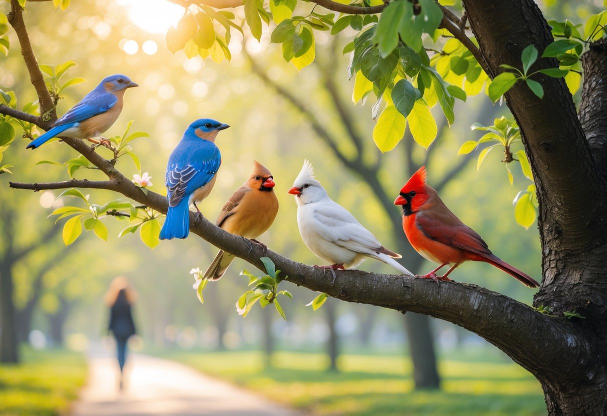 Birds perched on tree branches in a sunlit park with a person walking along a path in the background.