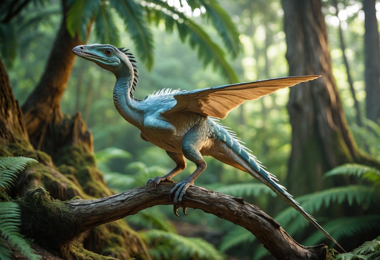 An Archaeopteryx perched on a branch in a prehistoric forest with ferns and conifer trees.