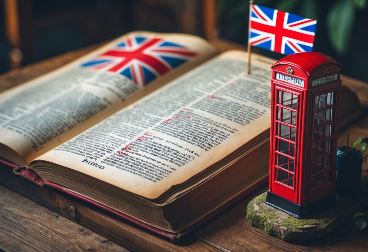 An open vintage dictionary on a wooden table with a model red British telephone booth and a small Union Jack flag beside it.