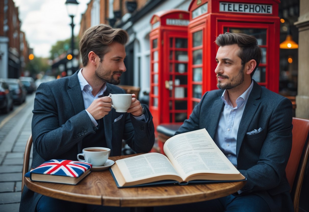 A British man sitting at a café table with a cup of tea and an open book, with classic British street elements in the background.