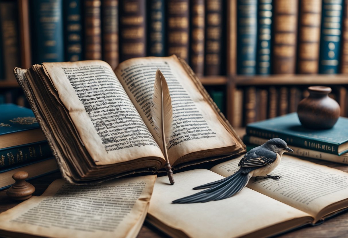 A desk with an open ancient book showing Old English script, surrounded by linguistic books, a quill pen, and a detailed bird illustration.