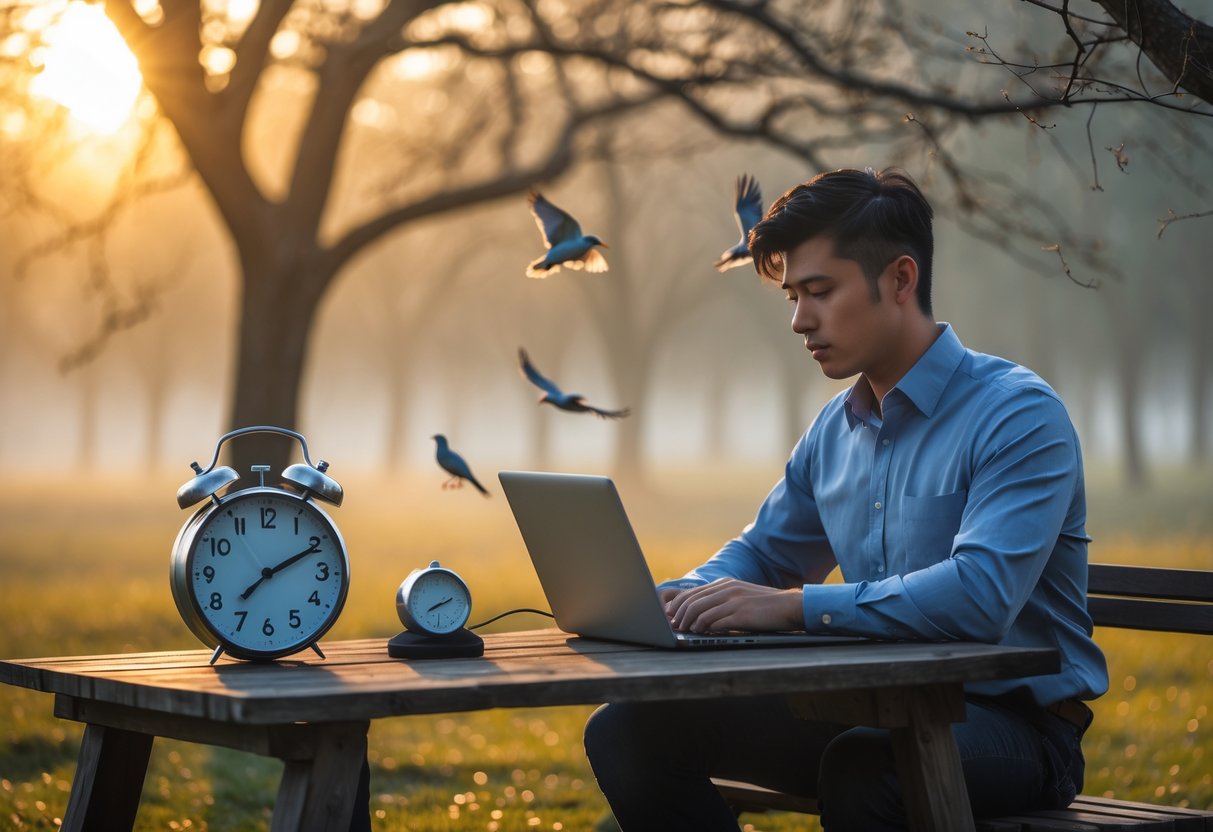 A young adult working on a laptop outdoors early in the morning with an alarm clock showing 5:30 AM and birds perched on tree branches nearby.
