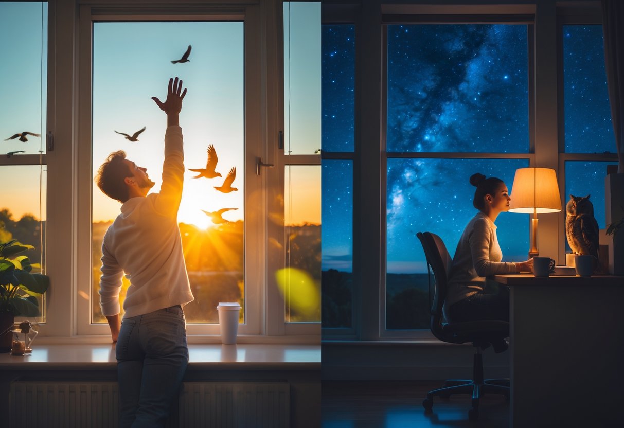 Split image showing a person enjoying a sunny morning on one side and a person relaxing by a lamp under a starry night sky on the other side.