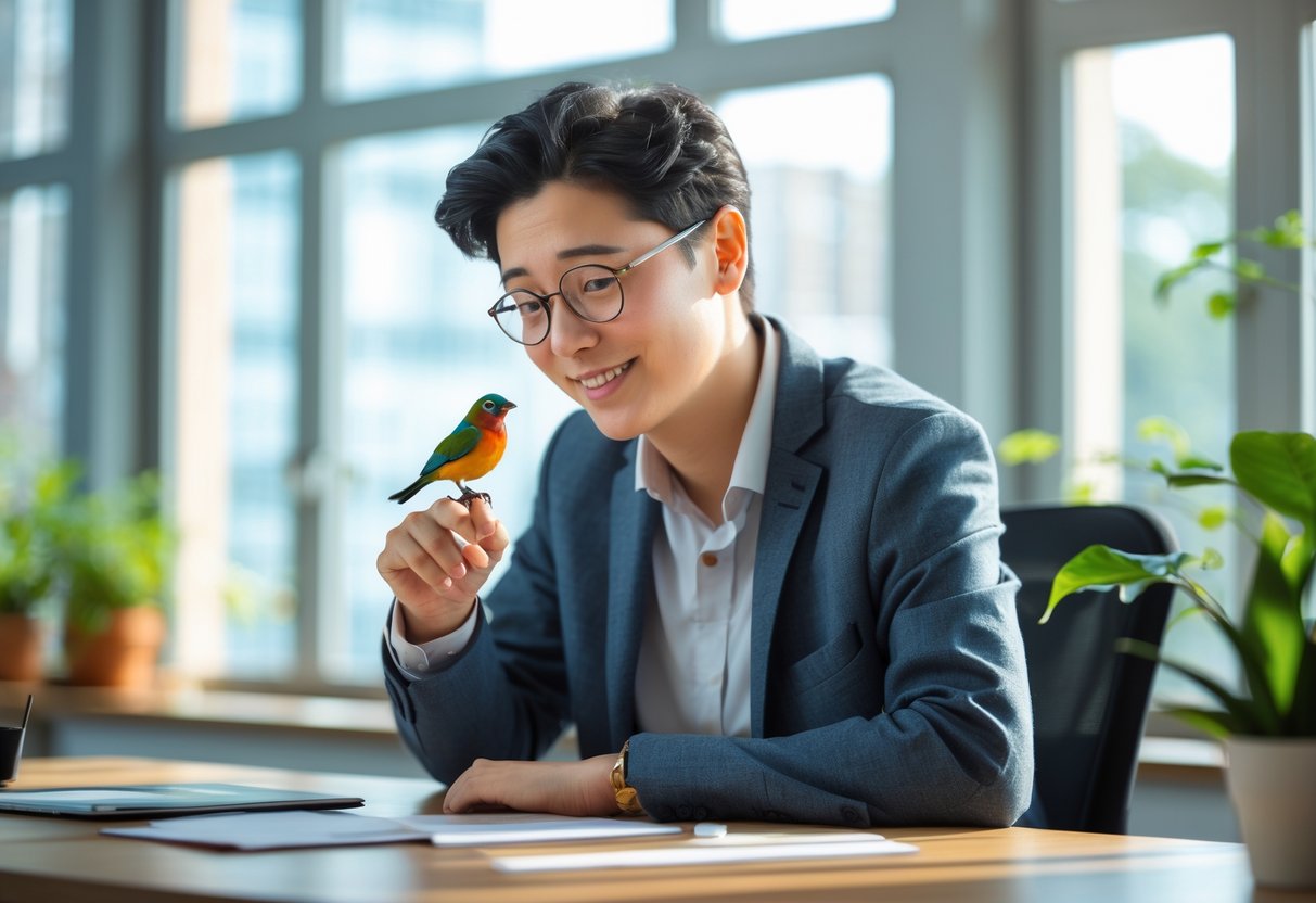 A young adult sitting at a desk looking at a small colorful bird perched on their finger in a bright office.