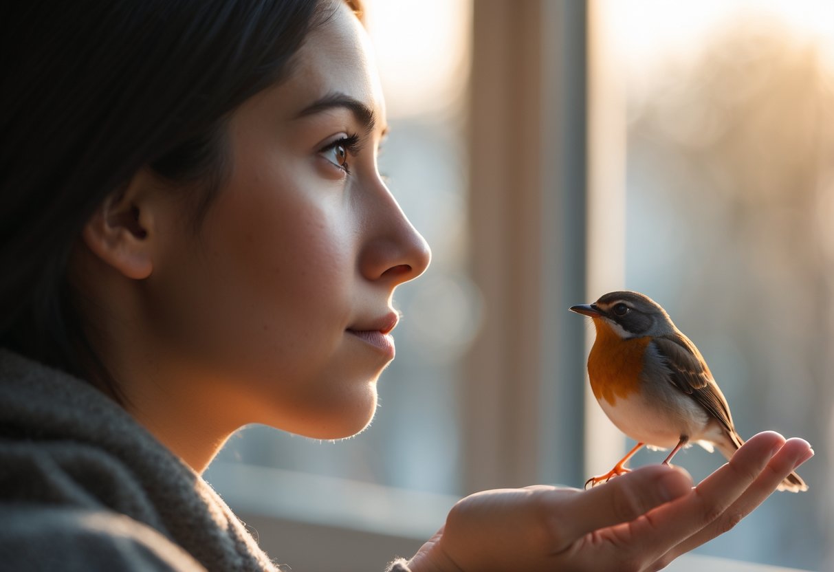 A person holding a small colorful bird perched on their hand, looking thoughtfully out of a window.