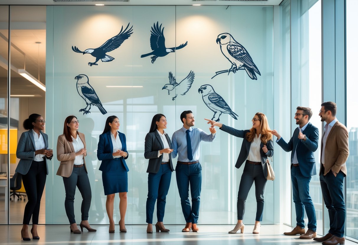 A group of people in a bright office talking and pointing at bird illustrations on a glass wall behind them.