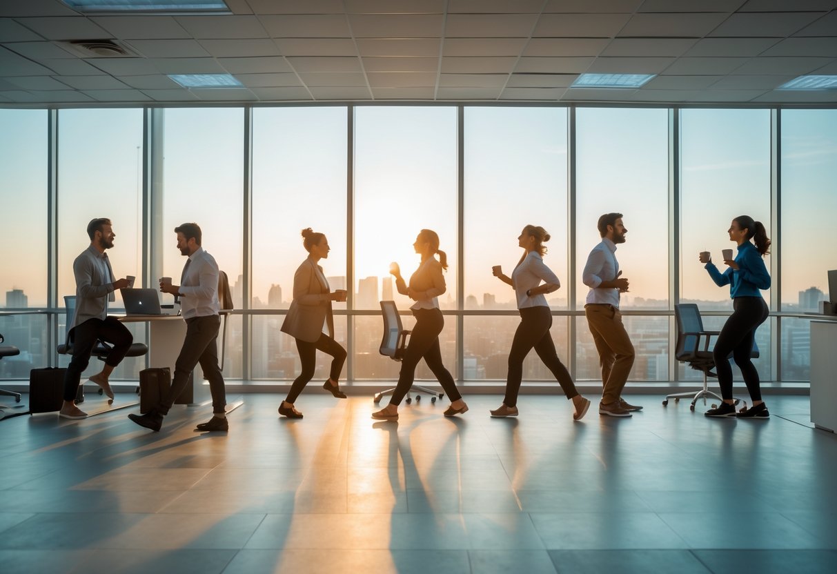 A group of people in an office during early morning, working and socializing with sunlight coming through large windows.