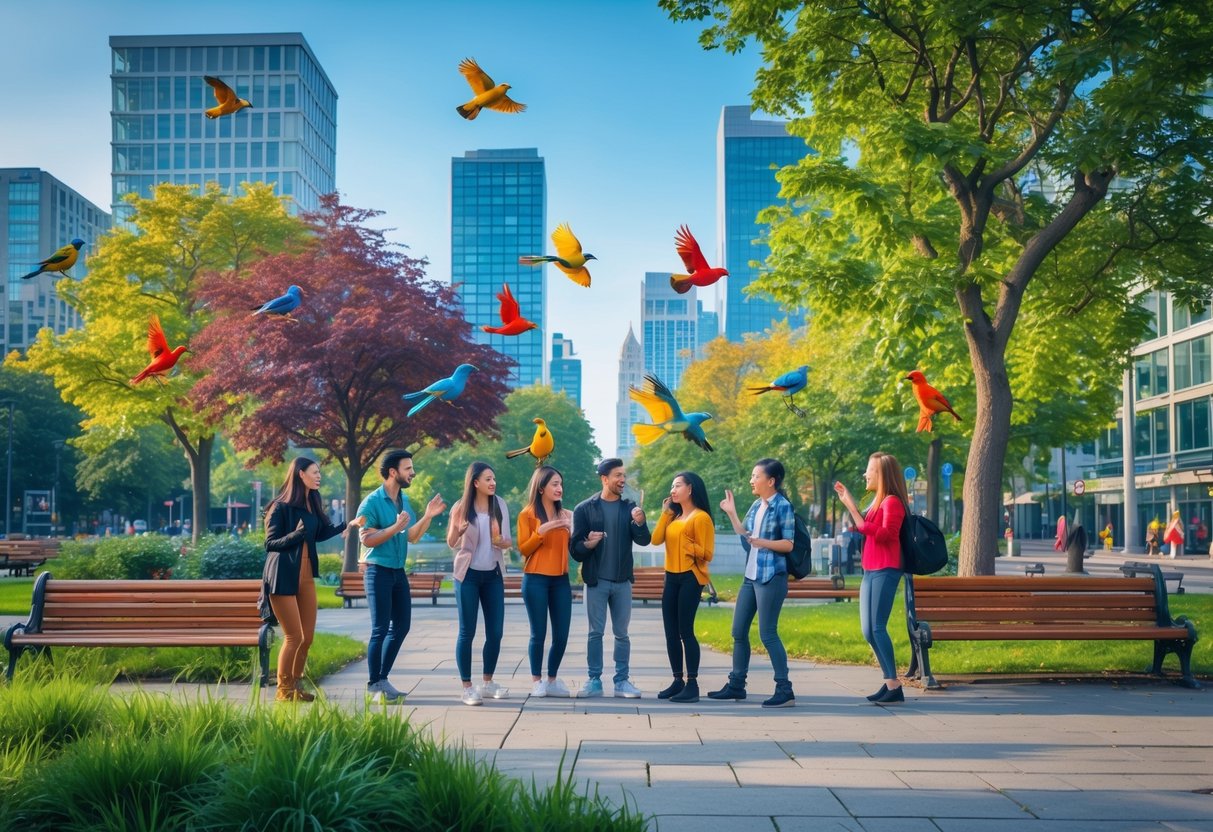 A group of young adults talking animatedly in a city park with colorful birds perched nearby.