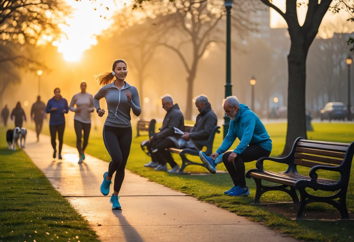 People exercising and relaxing in a city park during sunrise with warm morning light.