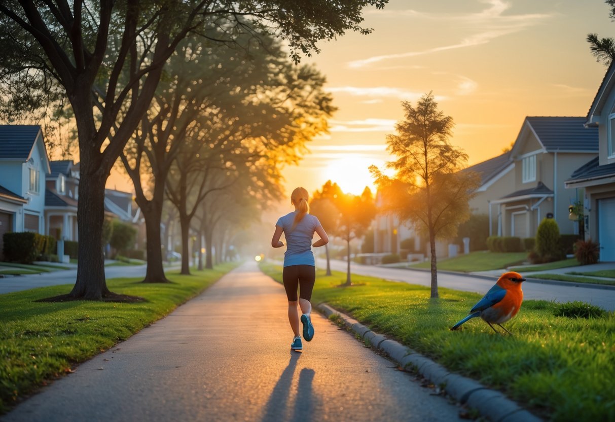A person jogging on a path at sunrise with a colorful bird perched on a nearby tree branch.