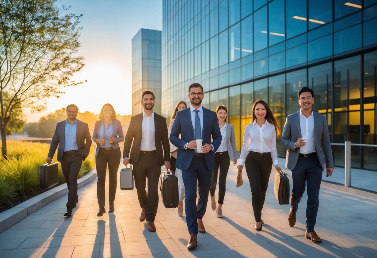 A group of office workers arriving at a modern building early in the morning with sunrise lighting.