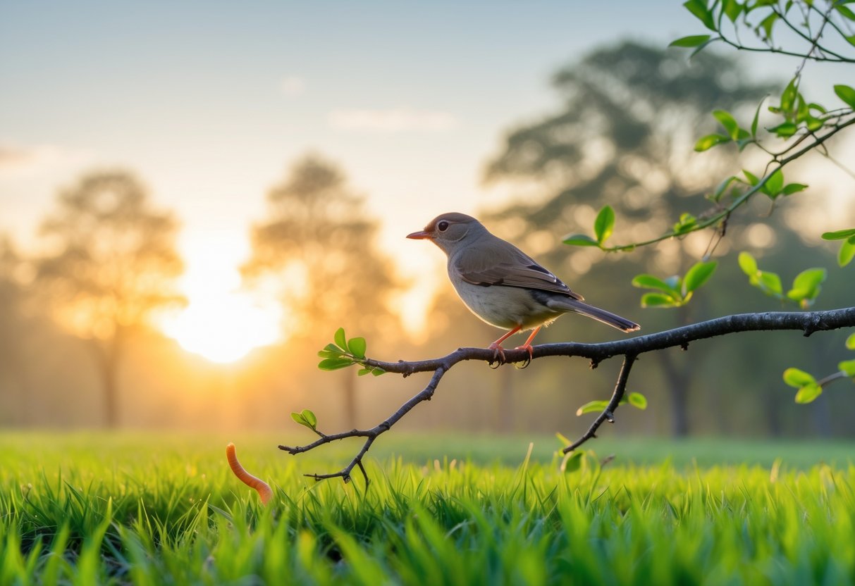 A small bird perched on a tree branch at sunrise looking down at a worm emerging from the grass.