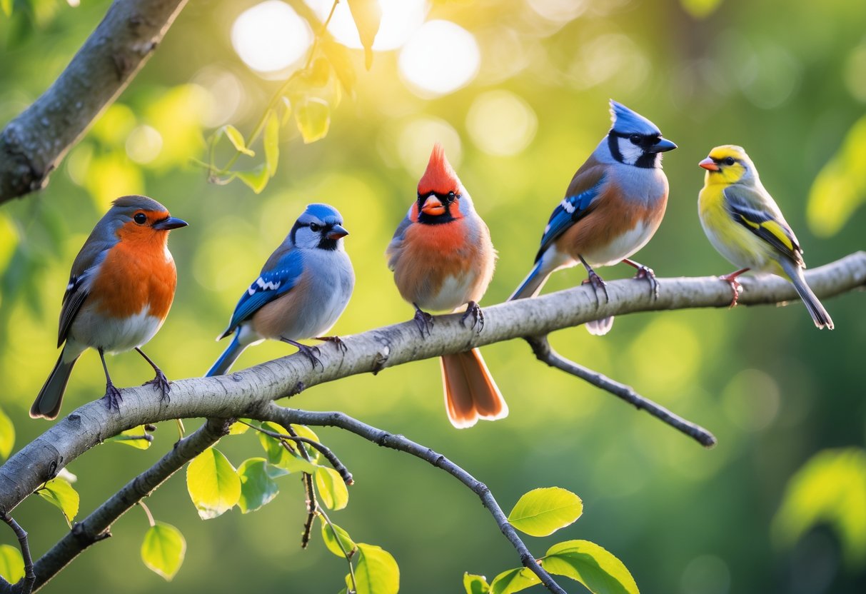 A group of different colorful birds perched on branches in a sunlit forest.