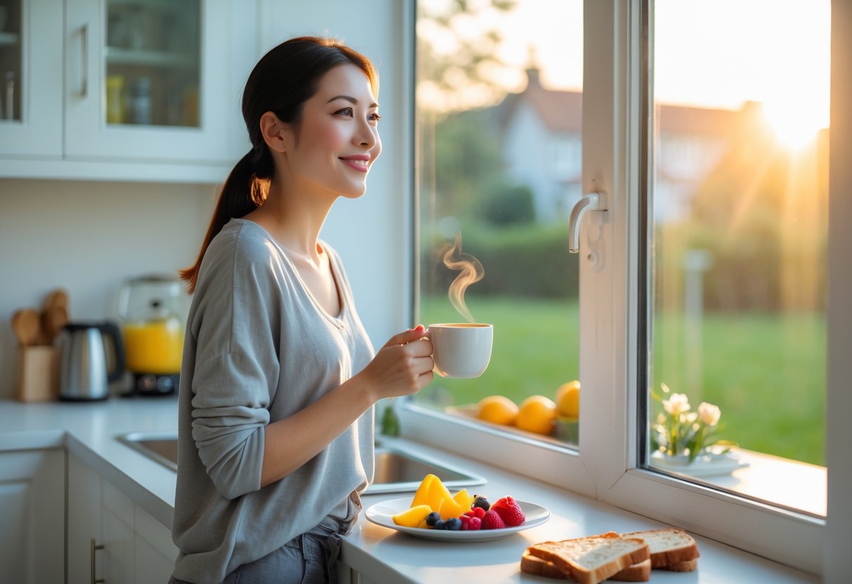 A young woman holding a cup of coffee by a window in a bright kitchen during early morning light.