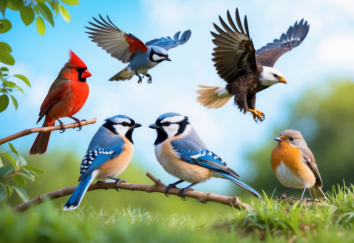 A group of various birds including a cardinal, blue jay, bald eagle, chickadee, and robin in a natural outdoor setting with green foliage and blue sky.
