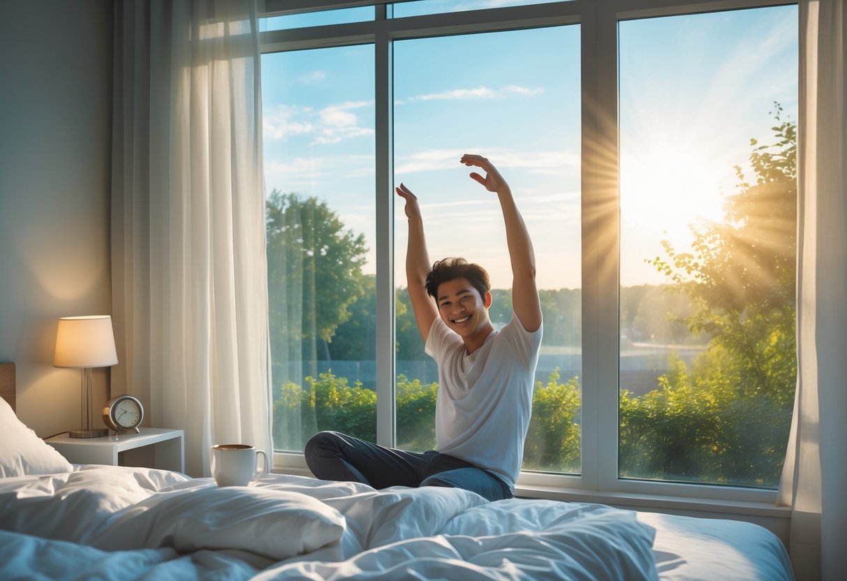 A young adult stretching and smiling by a window with morning sunlight in a tidy bedroom.