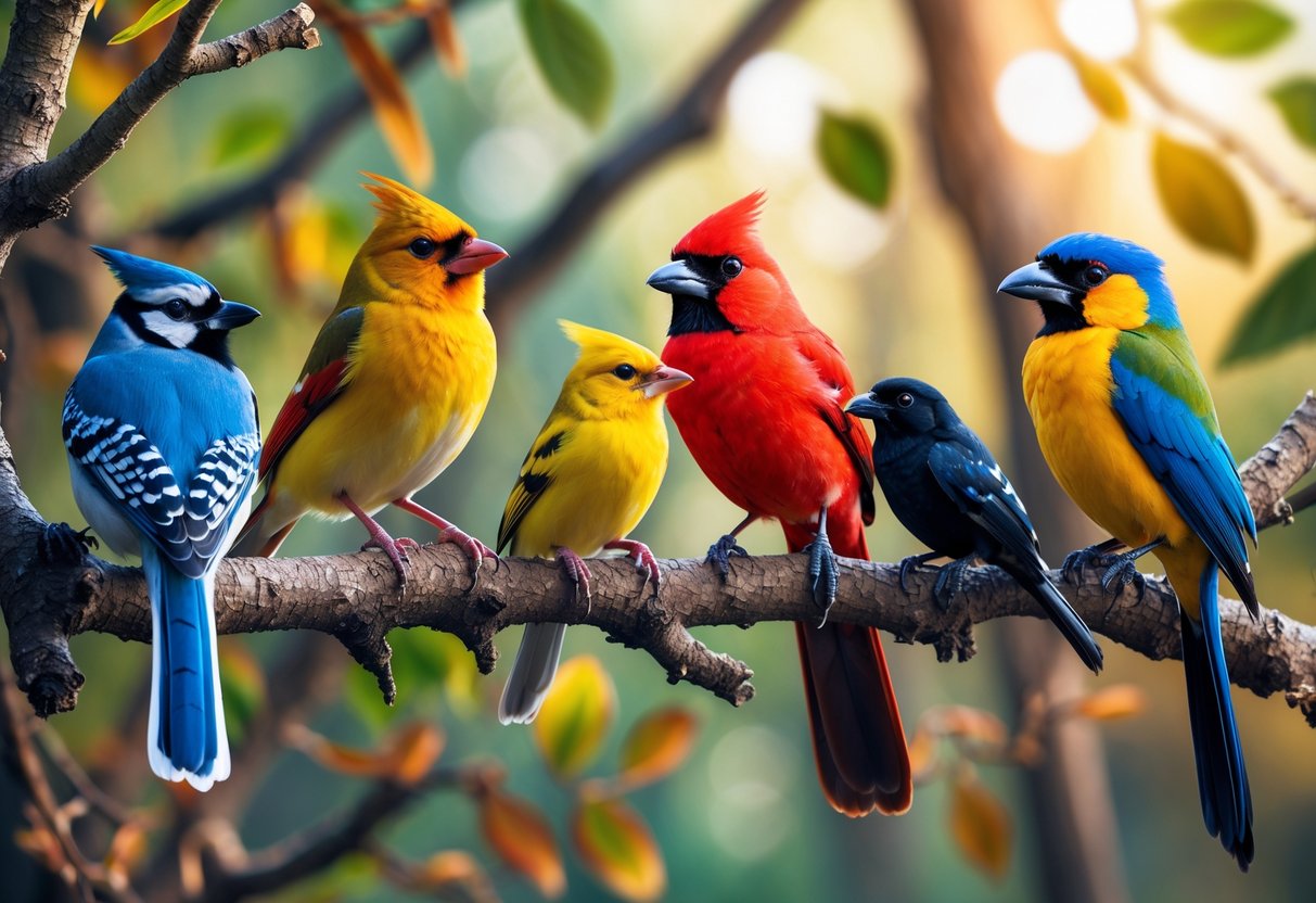 A group of colorful birds perched on branches in a forest with sunlight filtering through the leaves.