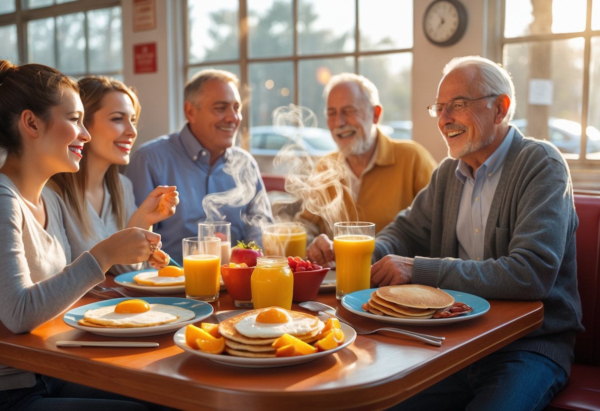 People enjoying a sunny early morning breakfast together in a cozy diner.
