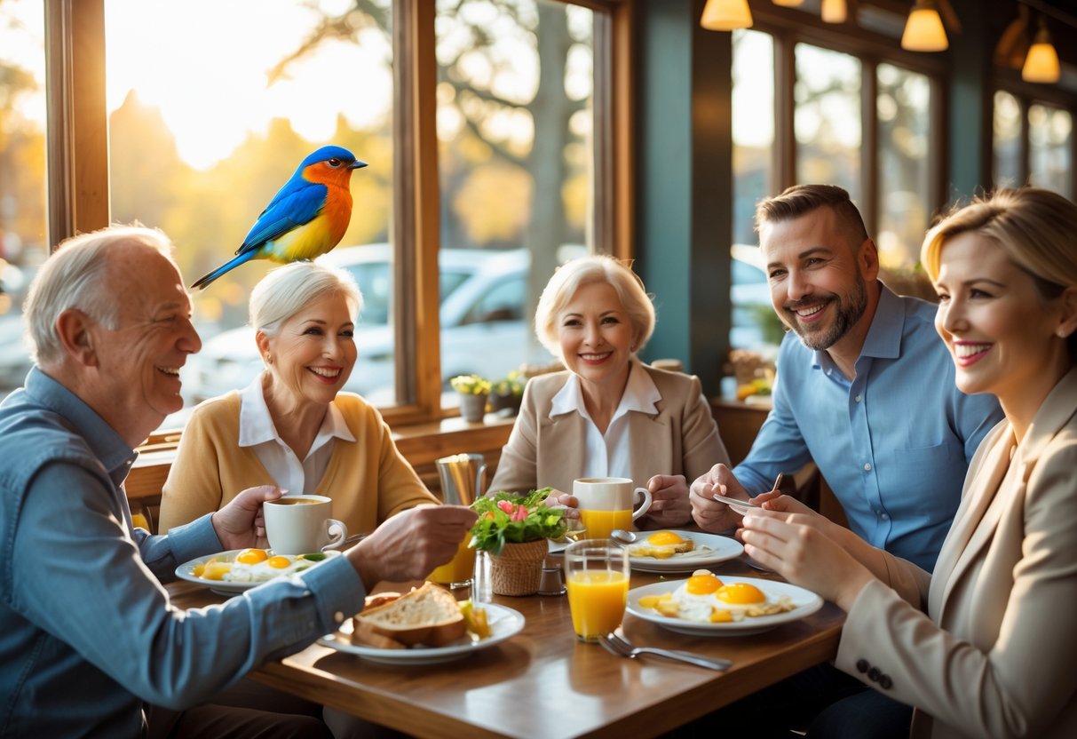 Customers enjoying breakfast inside a sunny café with a bird perched outside the window.