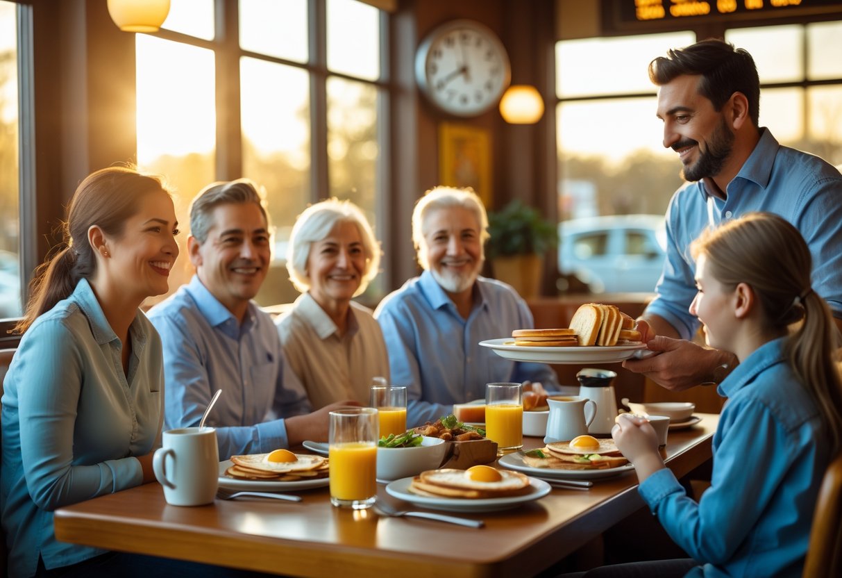 People enjoying breakfast together in a cozy diner during early morning hours with sunlight streaming through the windows.