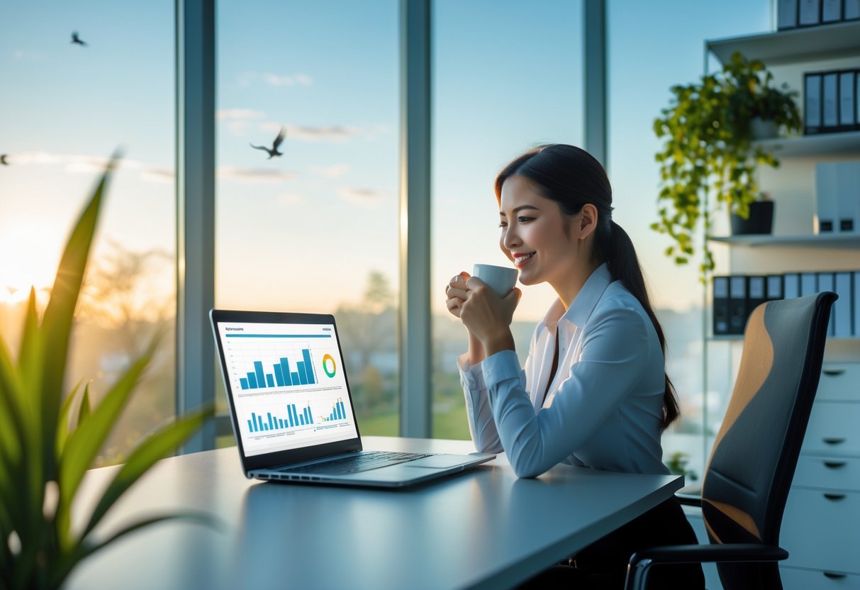 A young professional woman drinks coffee at her desk by a window with sunrise light and flying birds outside.