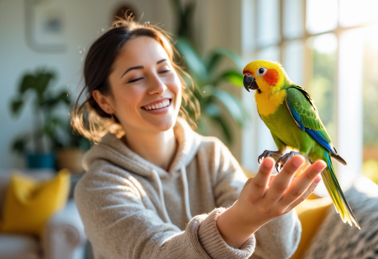 A person smiling and gently holding a colorful parrot perched on their finger inside a bright living room.