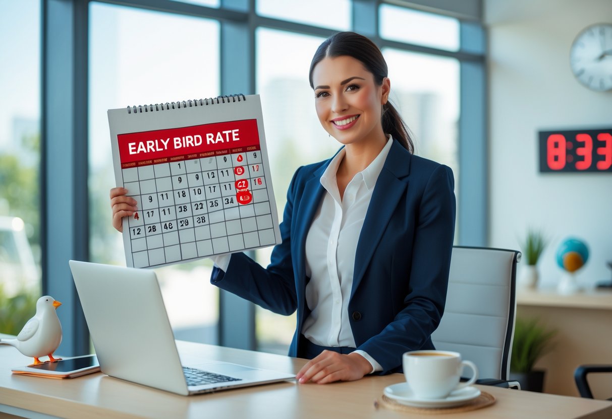 A businesswoman holding a calendar with a date circled, standing in a bright office with a clock showing early morning time and a small bird figurine on the desk.