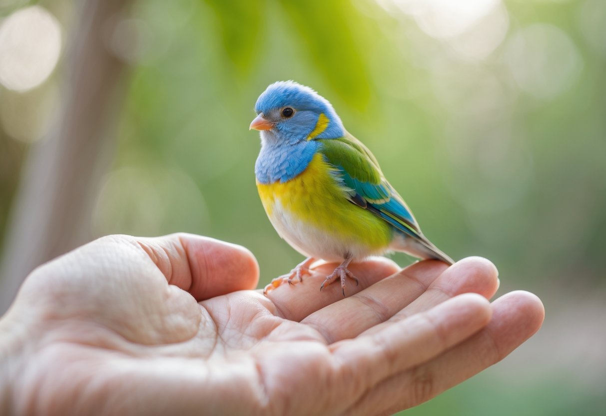 A person gently petting the back of a small colorful bird perched on their finger.