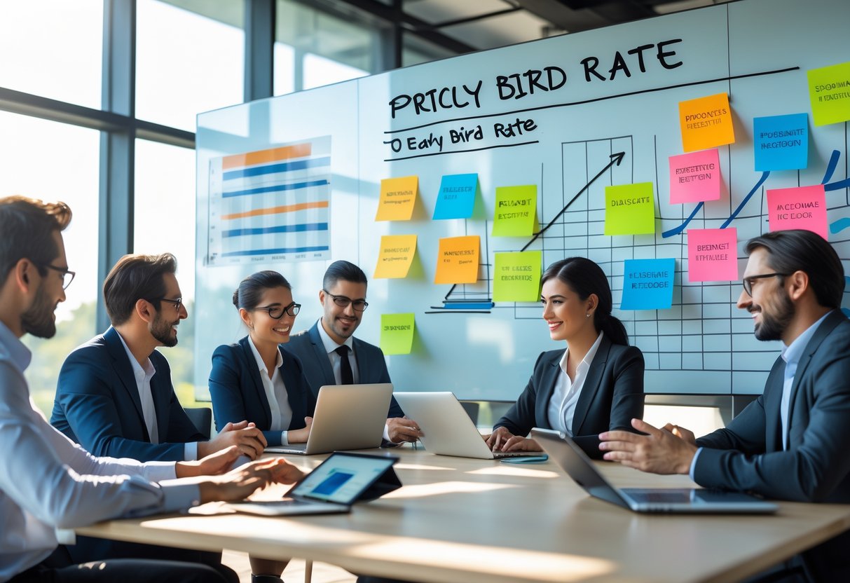 A group of business professionals brainstorming in a meeting room with sticky notes and digital screens showing pricing strategy ideas.