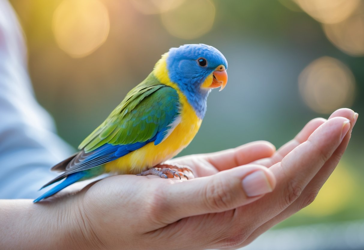 A person gently petting the back of a colorful pet bird perched on their hand.