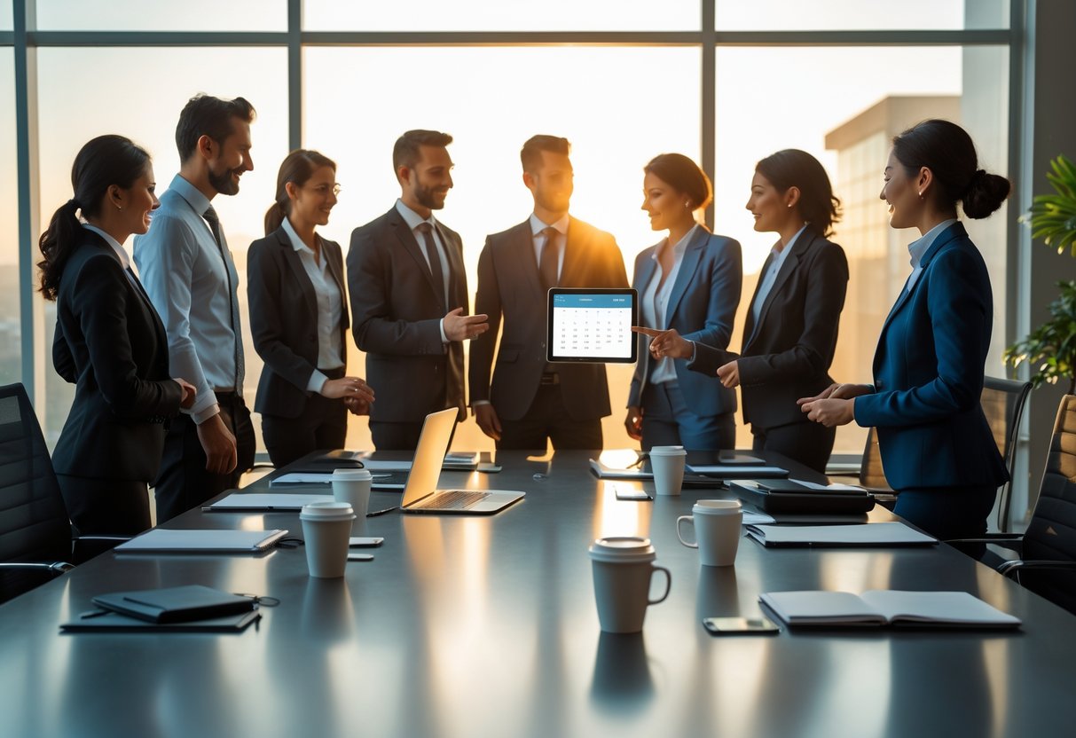 A group of professionals working together around a conference table in an office with morning sunlight coming through large windows.