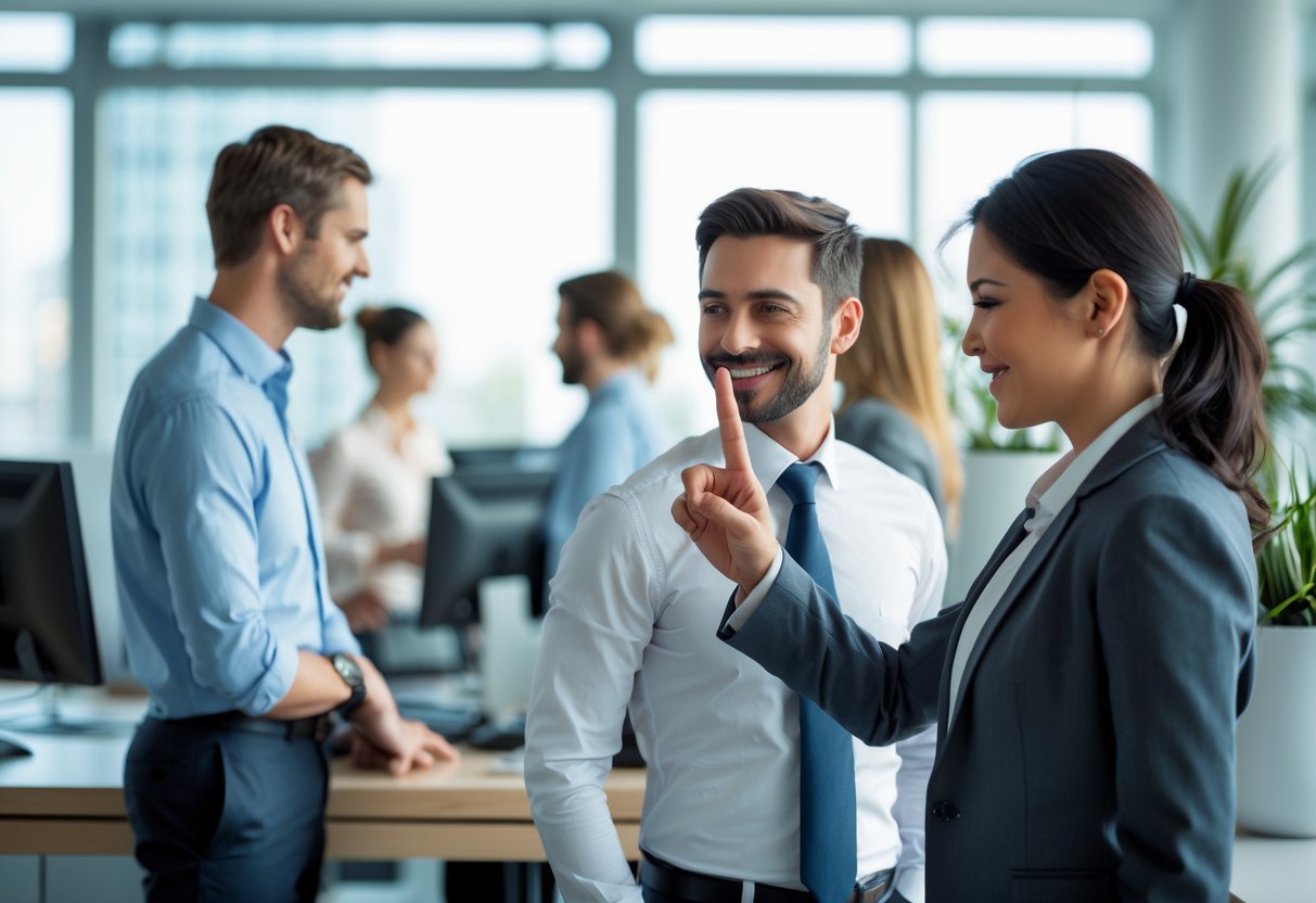 A man in an office subtly raises his middle finger behind his back while smiling at a colleague who is unaware.