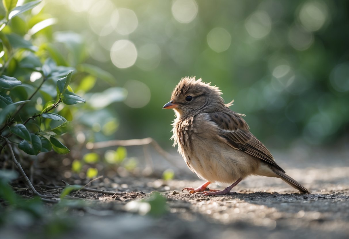 A small injured bird with ruffled feathers sitting on the ground in a natural outdoor setting.