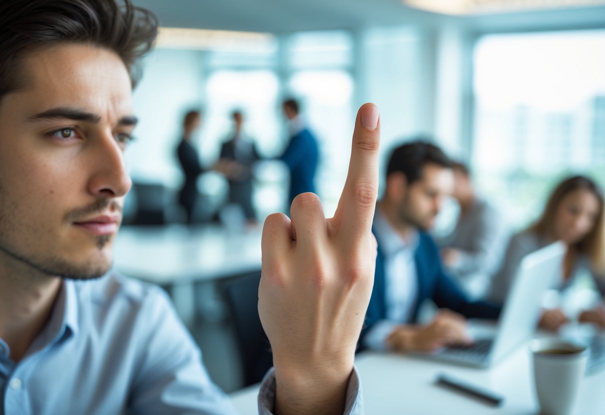 Close-up of a person raising their middle finger in a casual office environment with coworkers in the background.