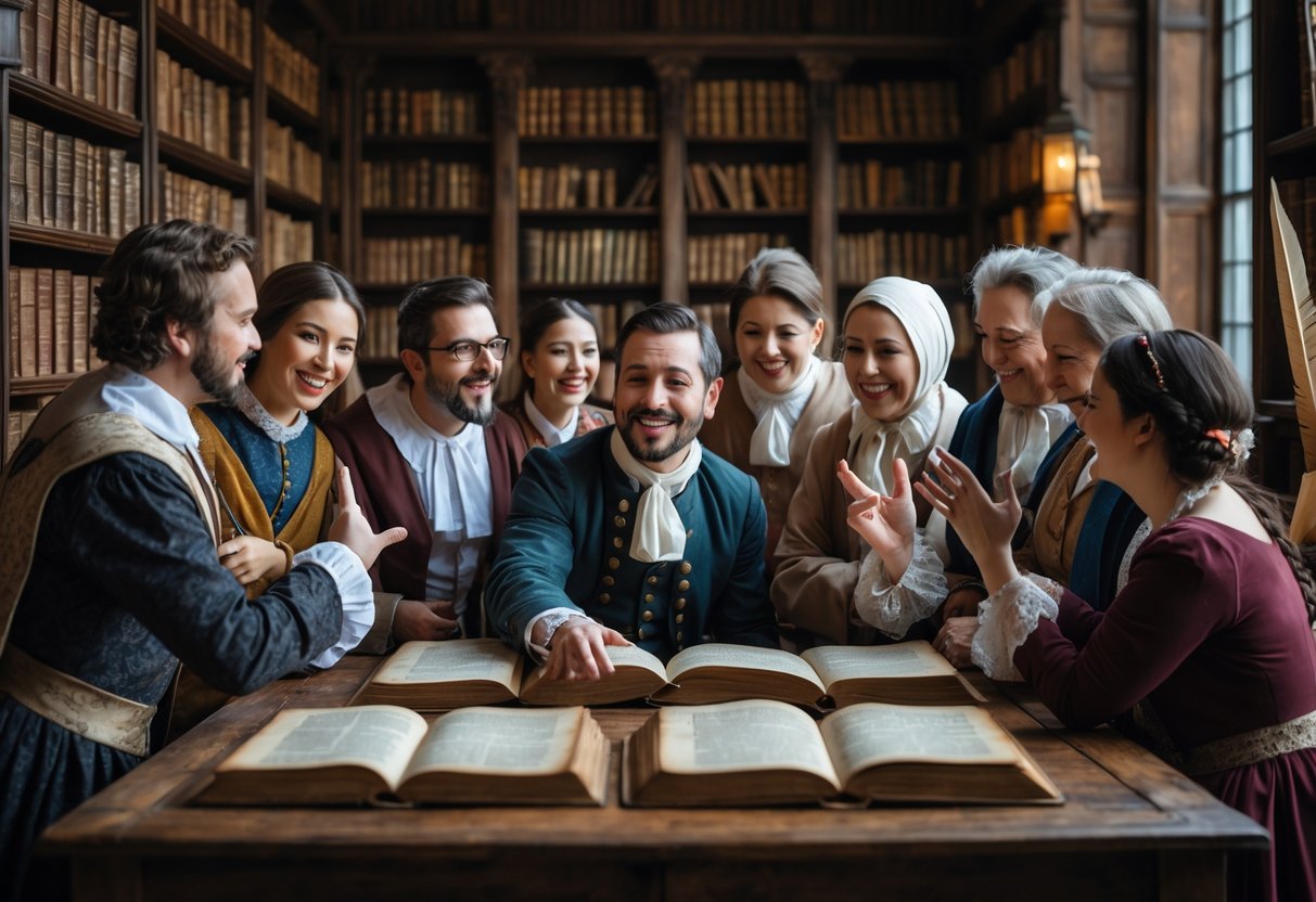 A group of people in a vintage library discussing while one person makes a hand gesture with their middle finger raised.