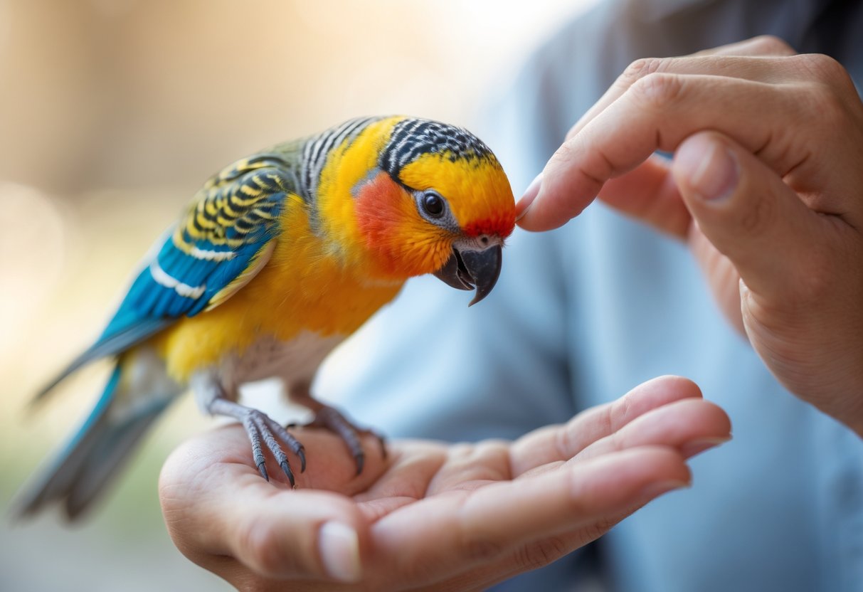 A small colorful bird lowering its head while being gently petted by a person.