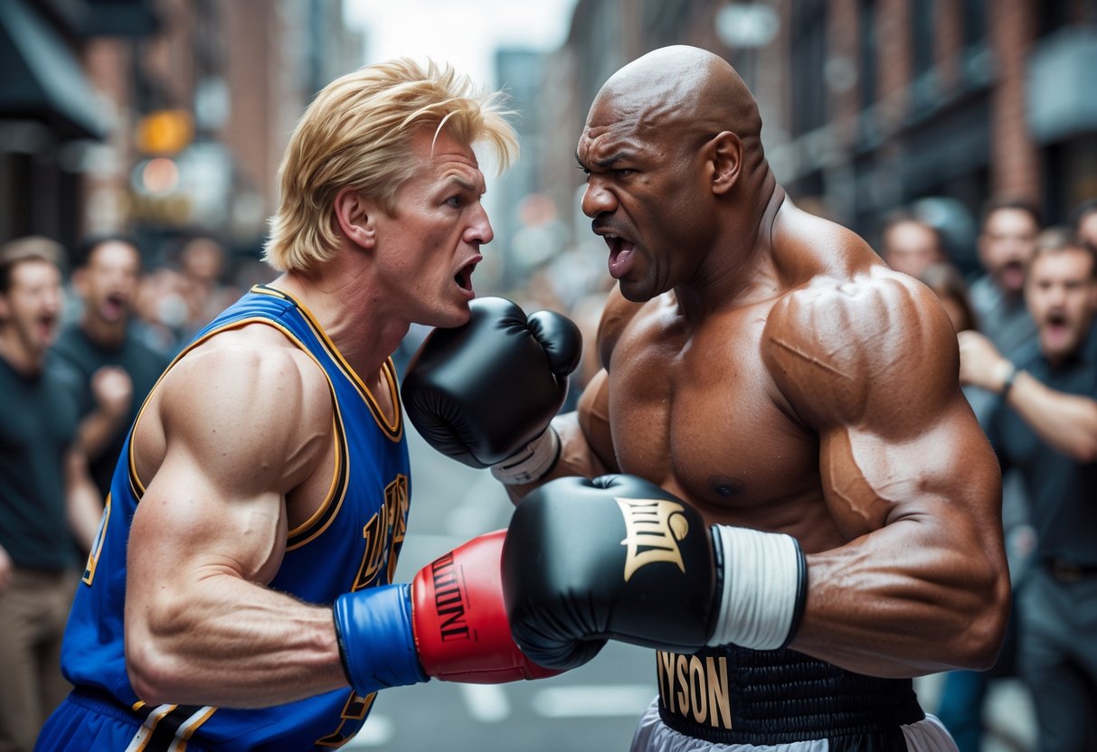 Two men resembling a basketball player and a boxer in a tense confrontation on a city street with shocked bystanders nearby.