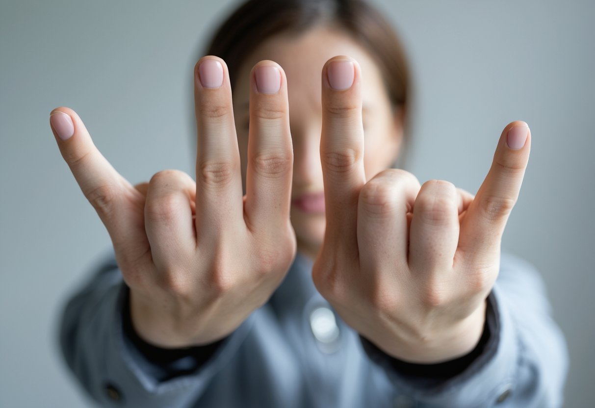 Close-up of two hands showing the middle finger gesture against a neutral background.