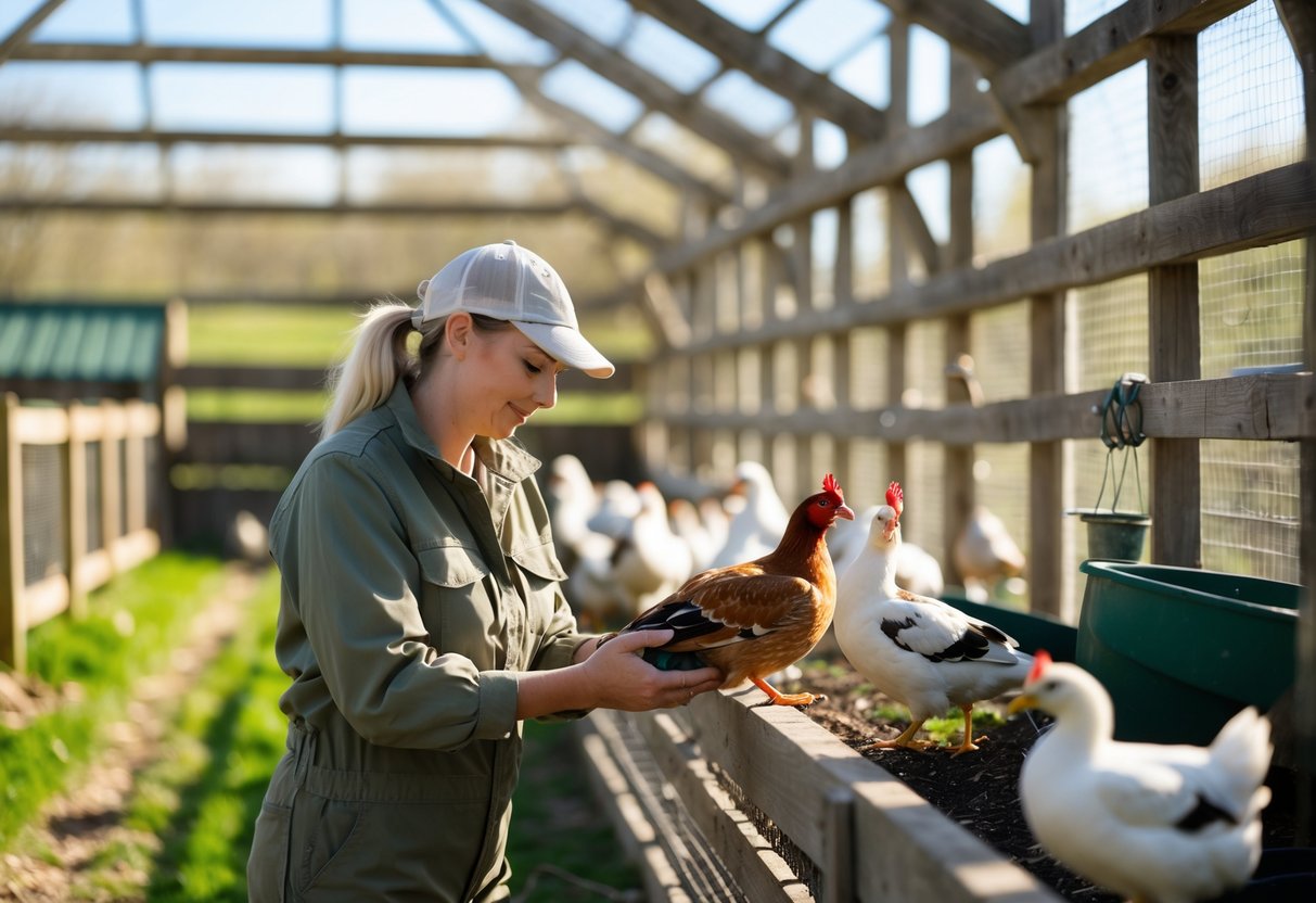 Person gently holding a bird inside a bird coop surrounded by other birds.