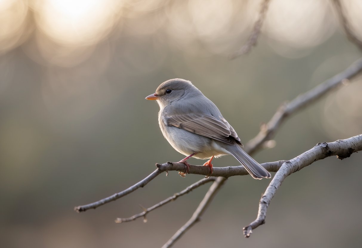 A small bird sitting alone on a bare tree branch with a blurred natural background.