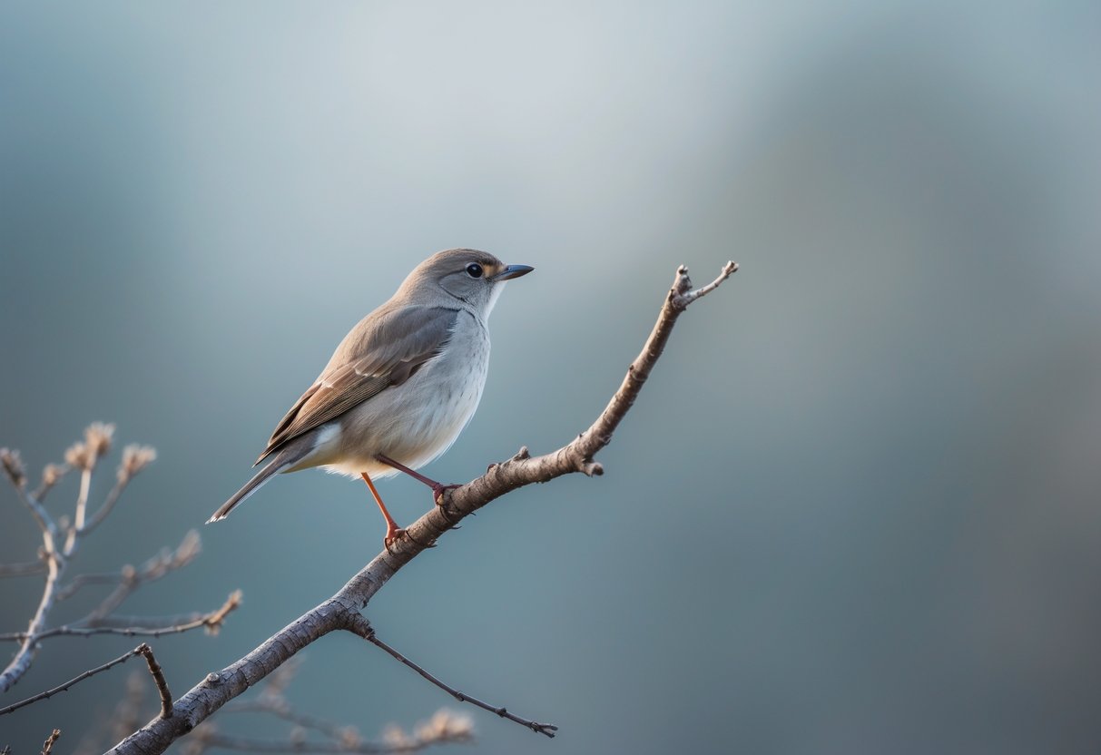 A single bird perched alone on a bare branch with a soft, muted background.