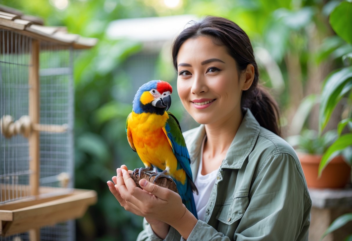 A person holding a colorful bird outdoors surrounded by greenery and bird cages.